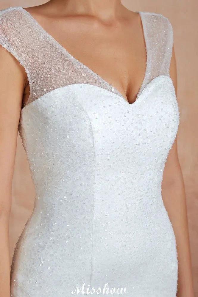 Luxury V-Neck Cap Sleeve Beach Lace up White Bridal Gowns with Sequins - Image 3