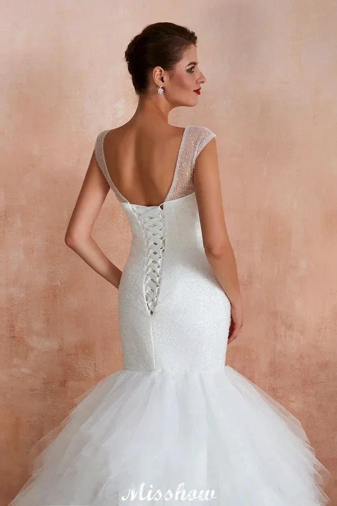 Luxury V-Neck Cap Sleeve Beach Lace up White Bridal Gowns with Sequins - Image 4