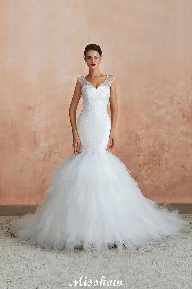 Luxury V-Neck Cap Sleeve Beach Lace up White Bridal Gowns with Sequins - Image 5