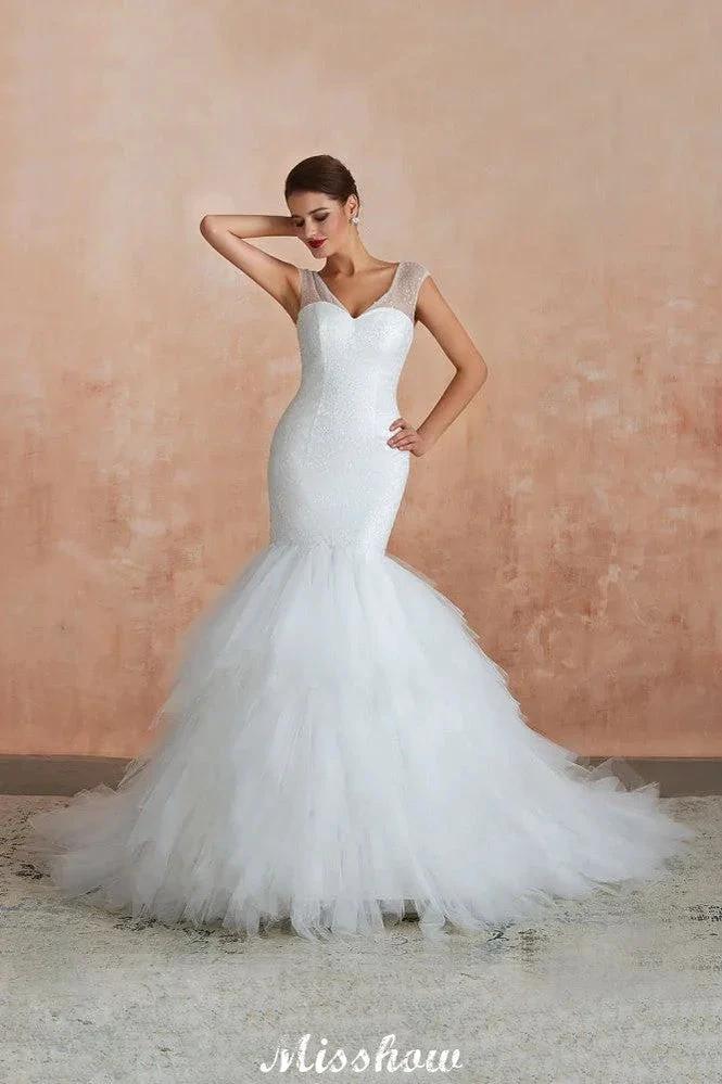 Luxury V-Neck Cap Sleeve Beach Lace up White Bridal Gowns with Sequins - Image 6