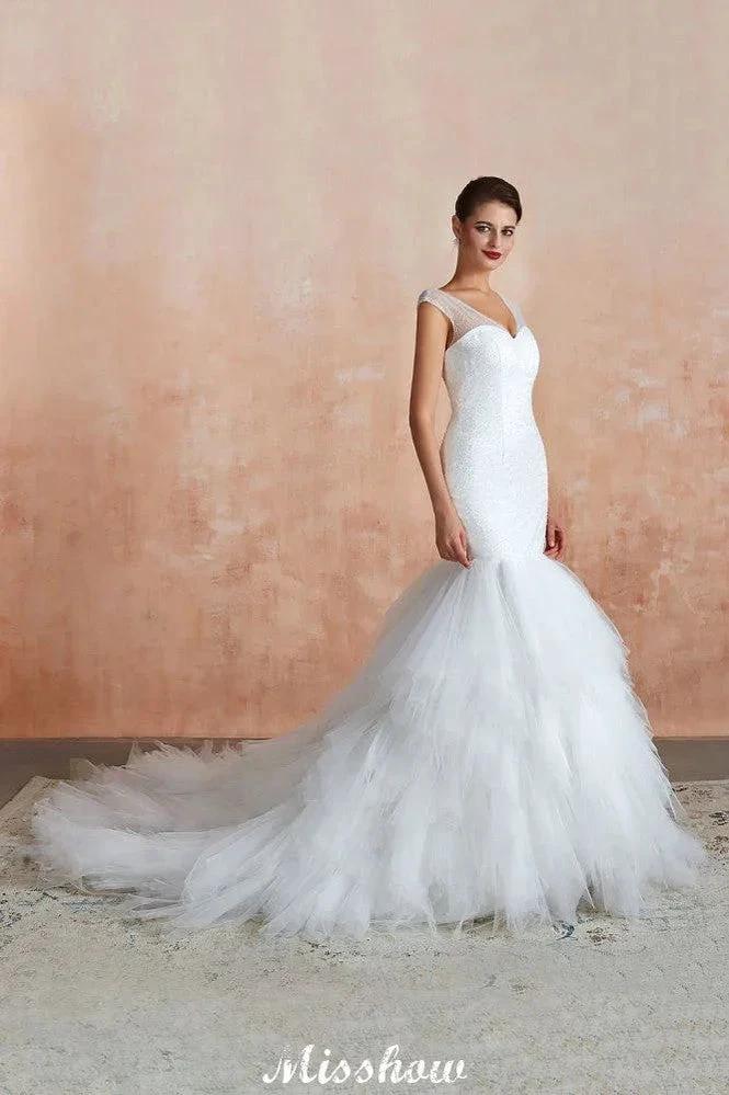 Luxury V-Neck Cap Sleeve Beach Lace up White Bridal Gowns with Sequins - Image 7