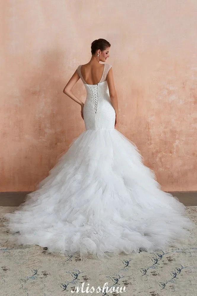 Luxury V-Neck Cap Sleeve Beach Lace up White Bridal Gowns with Sequins - Image 8