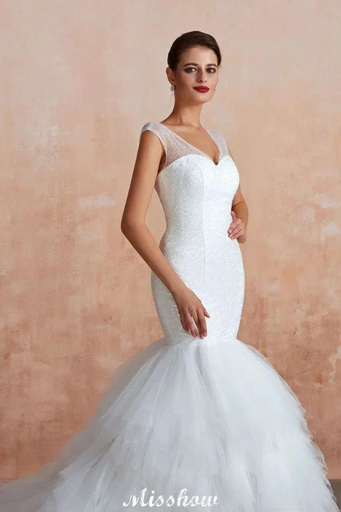 Luxury V-Neck Cap Sleeve Beach Lace up White Bridal Gowns with Sequins - Image 9