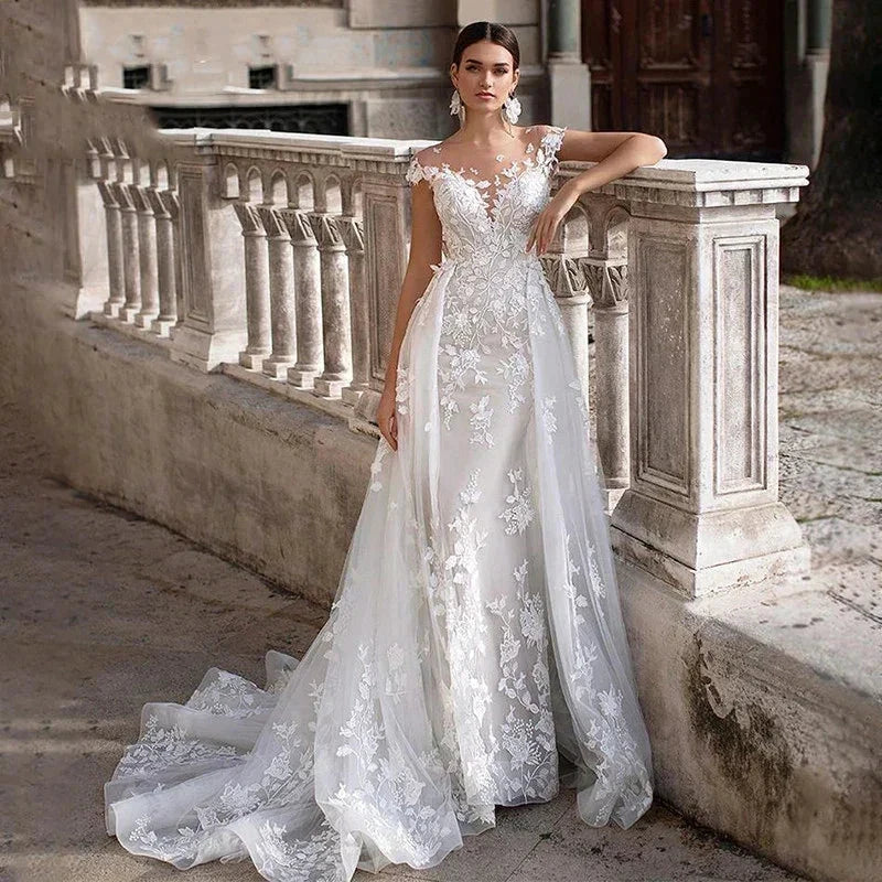 Luxury Wedding Dress 2023 Short Sleeve Applique Sleeveless Mermaid Bridal Gownes Removable Women's Elegant Lace Wedding Dress De - Image 3