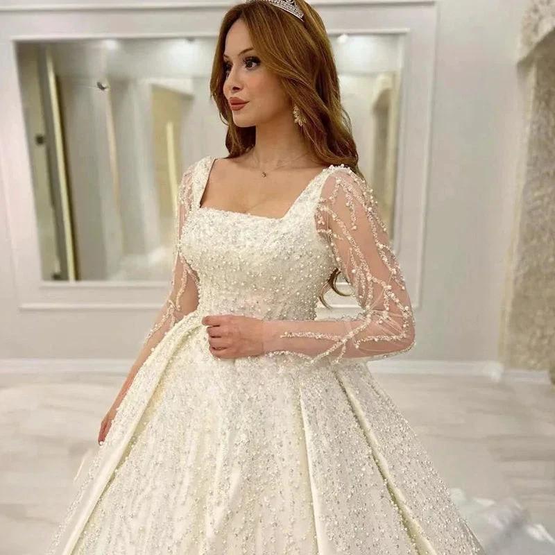 Luxury Wedding Dress Embroidered Lace Beading With Princess Ball Gown Square Collar Fullsleeve Bride Button Vestido De Novia - Image 2