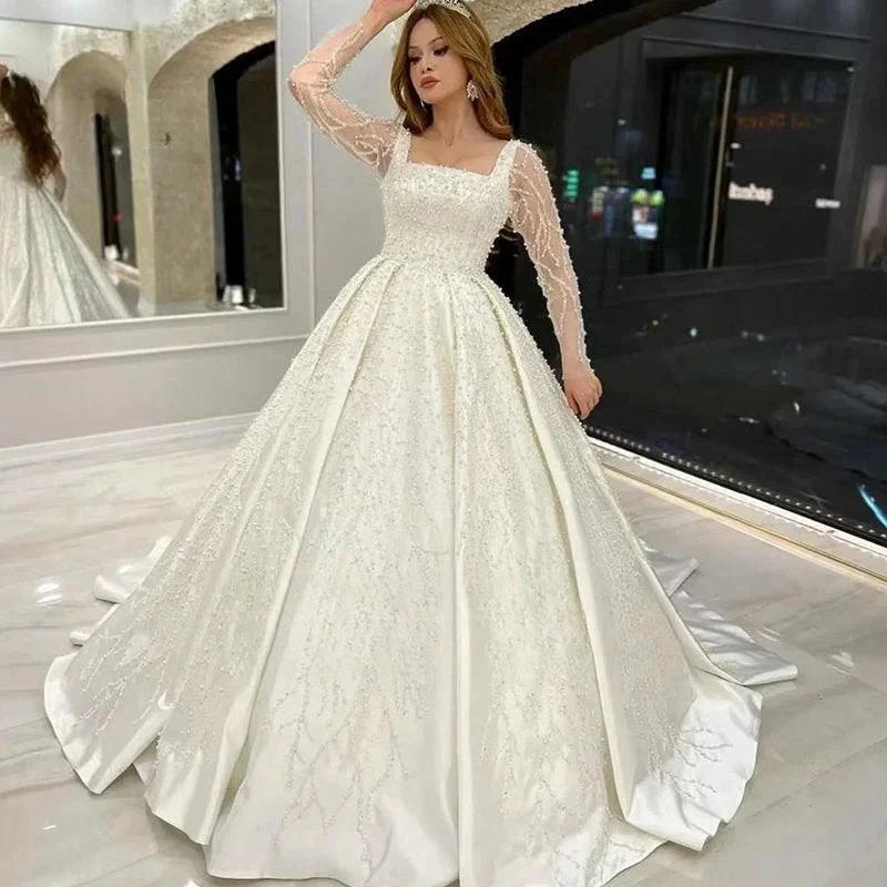 Luxury Wedding Dress Embroidered Lace Beading With Princess Ball Gown Square Collar Fullsleeve Bride Button Vestido De Novia - Image 3