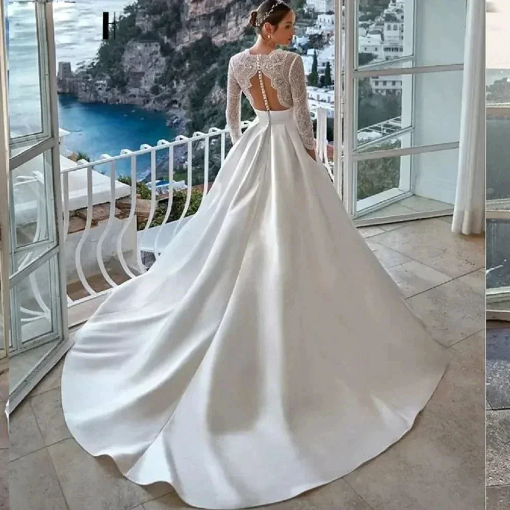 Luxury Wedding Dress For Women 2024 Modern V-neck Full Sleeves Illusion Tulle Bridal Gown A-Line Button Backless Robe - Image 2