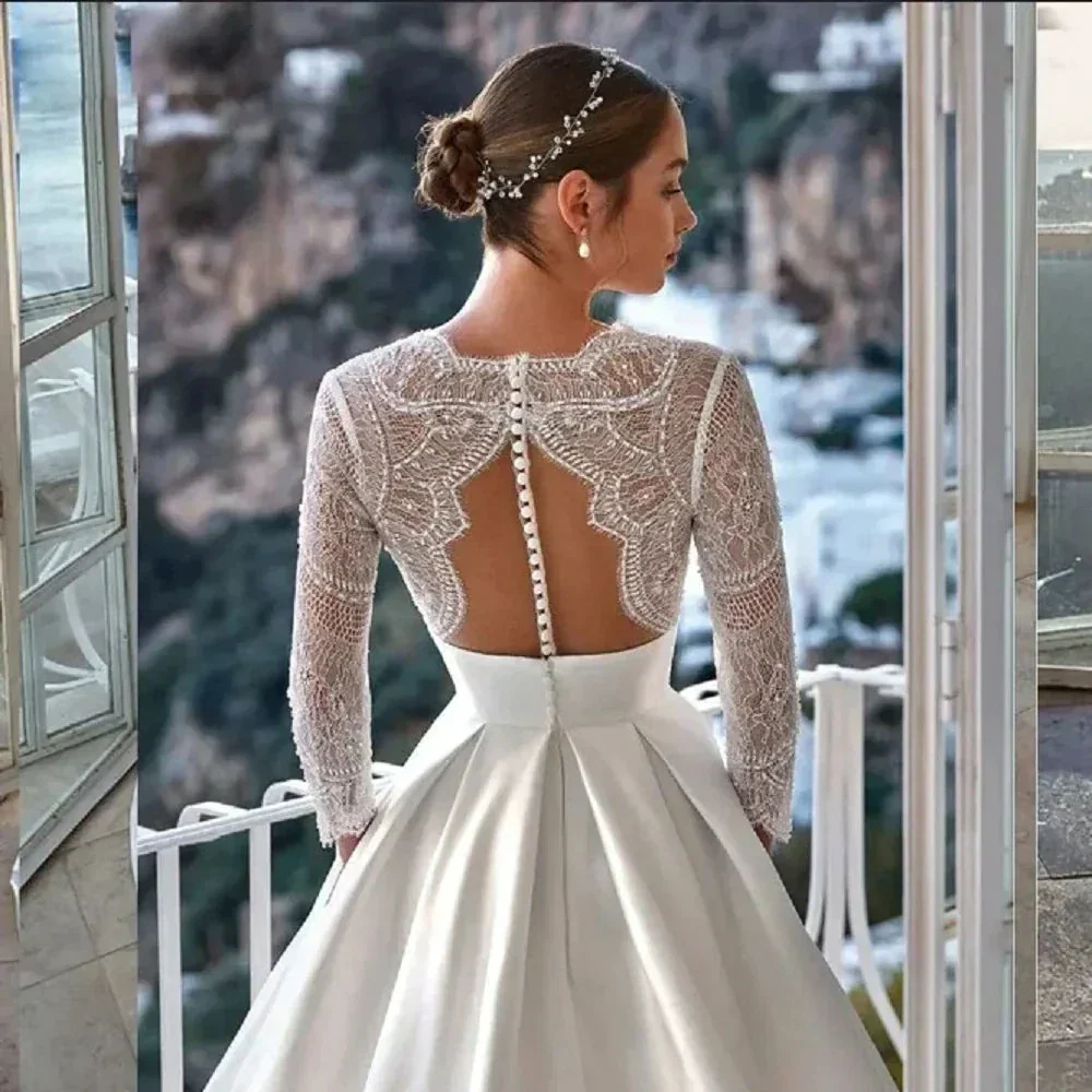 Luxury Wedding Dress For Women 2024 Modern V-neck Full Sleeves Illusion Tulle Bridal Gown A-Line Button Backless Robe - Image 3