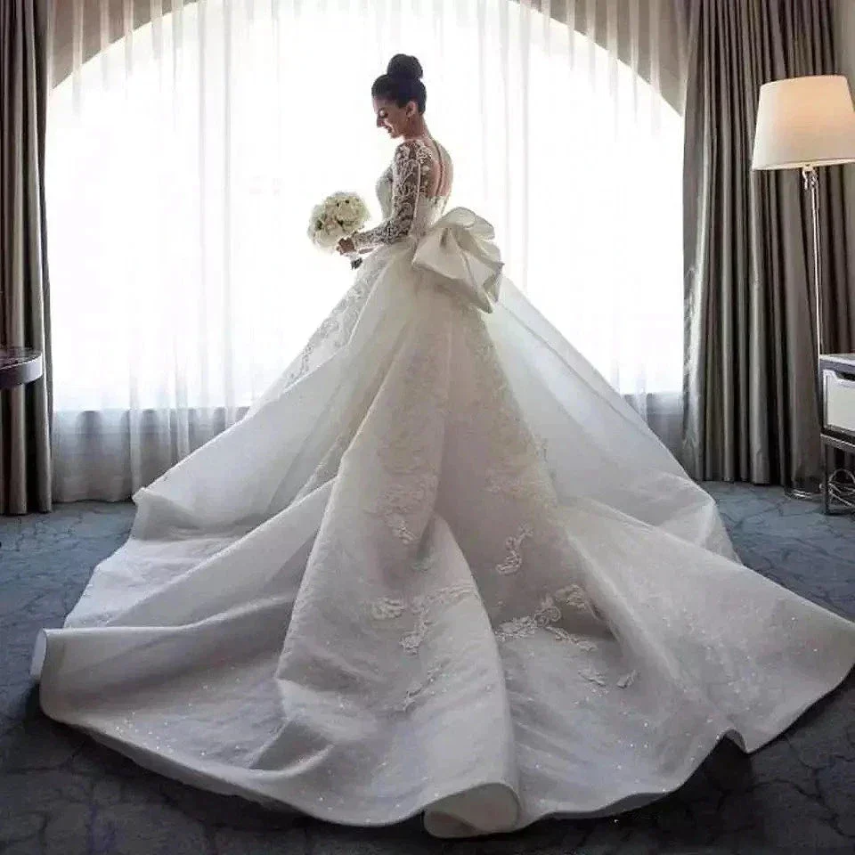 Luxury Women's Lace Wedding Dresses Detachable 2-Piece Set Gorgeous Decal Mermaid Long Sleeve Princess Formal Beach Bride Gowns - Image 2