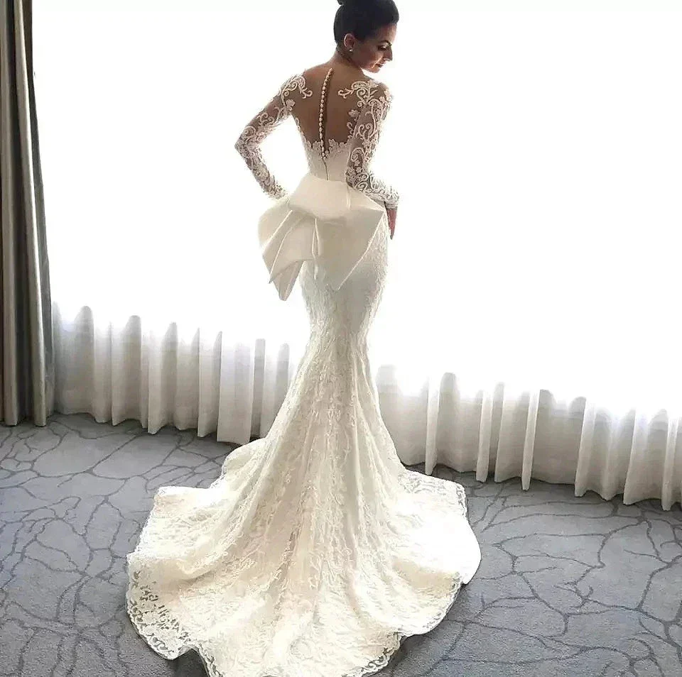 Luxury Women's Lace Wedding Dresses Detachable 2-Piece Set Gorgeous Decal Mermaid Long Sleeve Princess Formal Beach Bride Gowns - Image 3