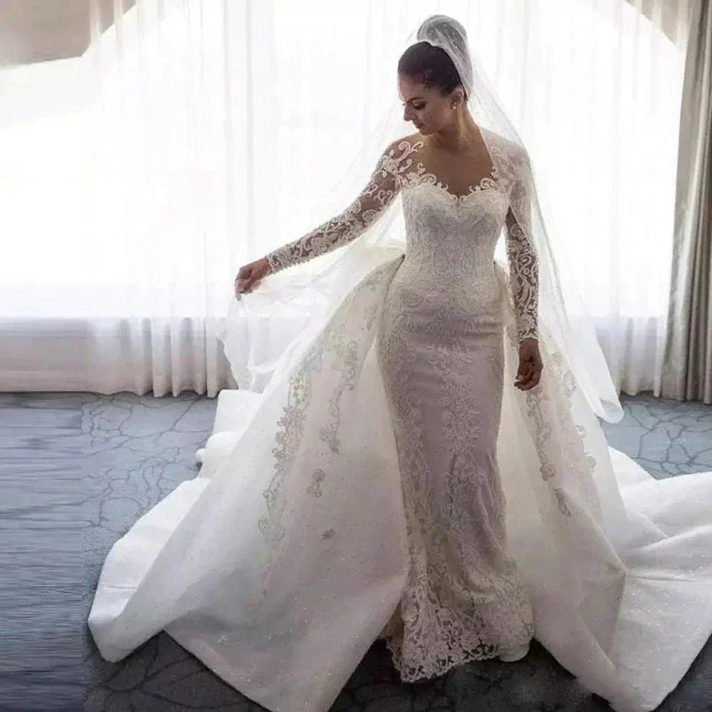 Luxury Women's Lace Wedding Dresses Detachable 2-Piece Set Gorgeous Decal Mermaid Long Sleeve Princess Formal Beach Bride Gowns - Image 4