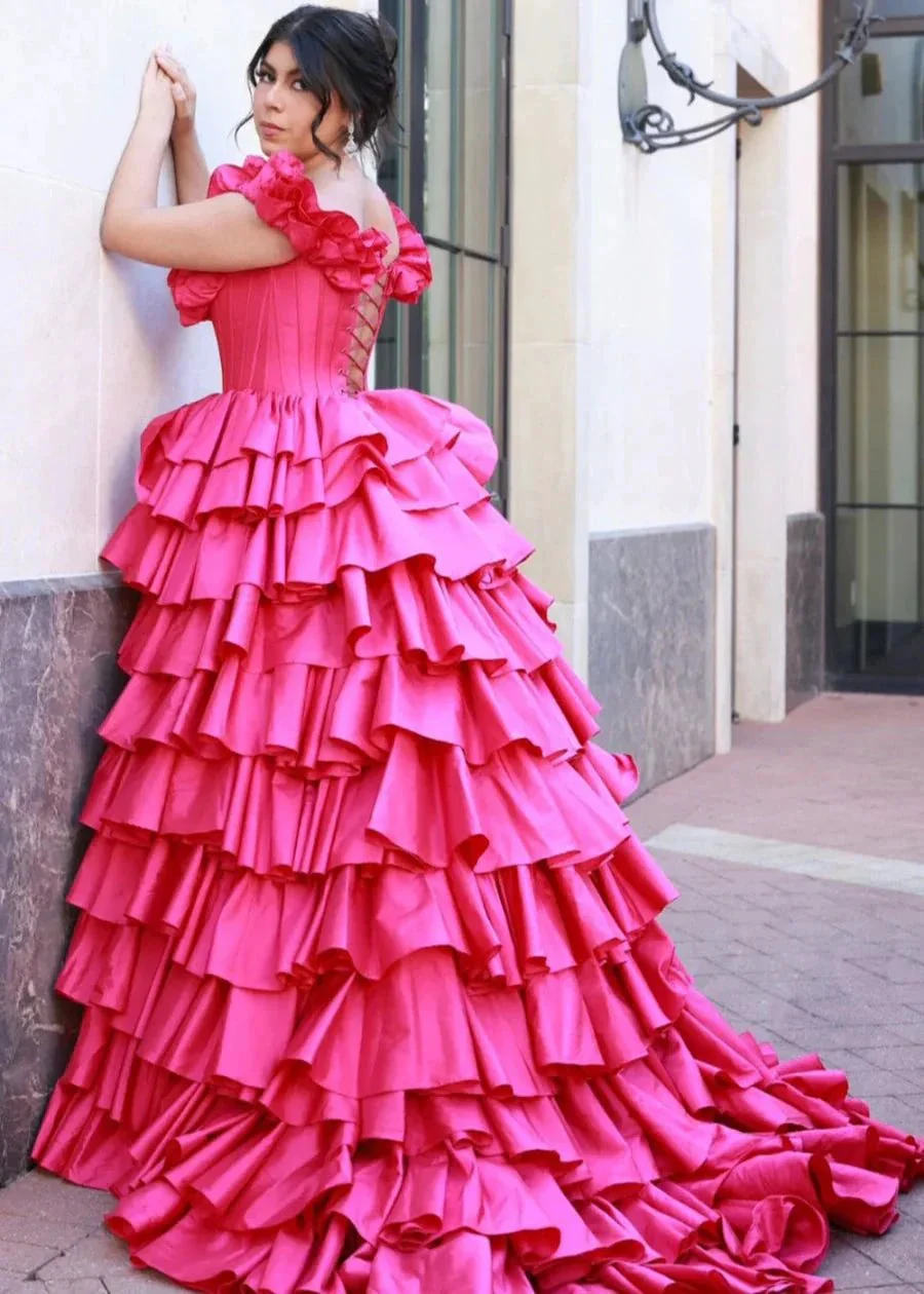 Madelynn | Off-Shoulder Ruched A-Line Layered Satin Prom Dress with Slit - Image 10
