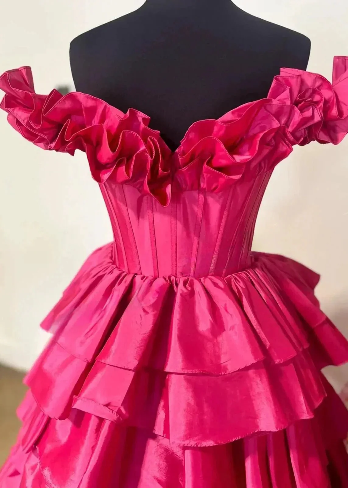 Madelynn | Off-Shoulder Ruched A-Line Layered Satin Prom Dress with Slit - Image 11