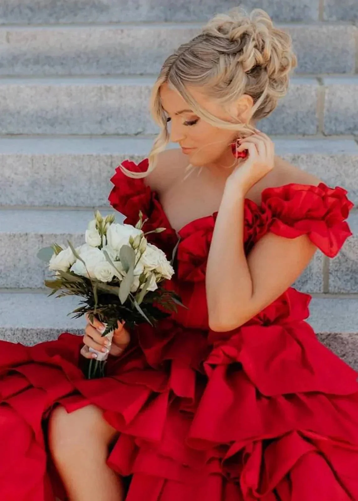 Madelynn | Off-Shoulder Ruched A-Line Layered Satin Prom Dress with Slit - Image 12