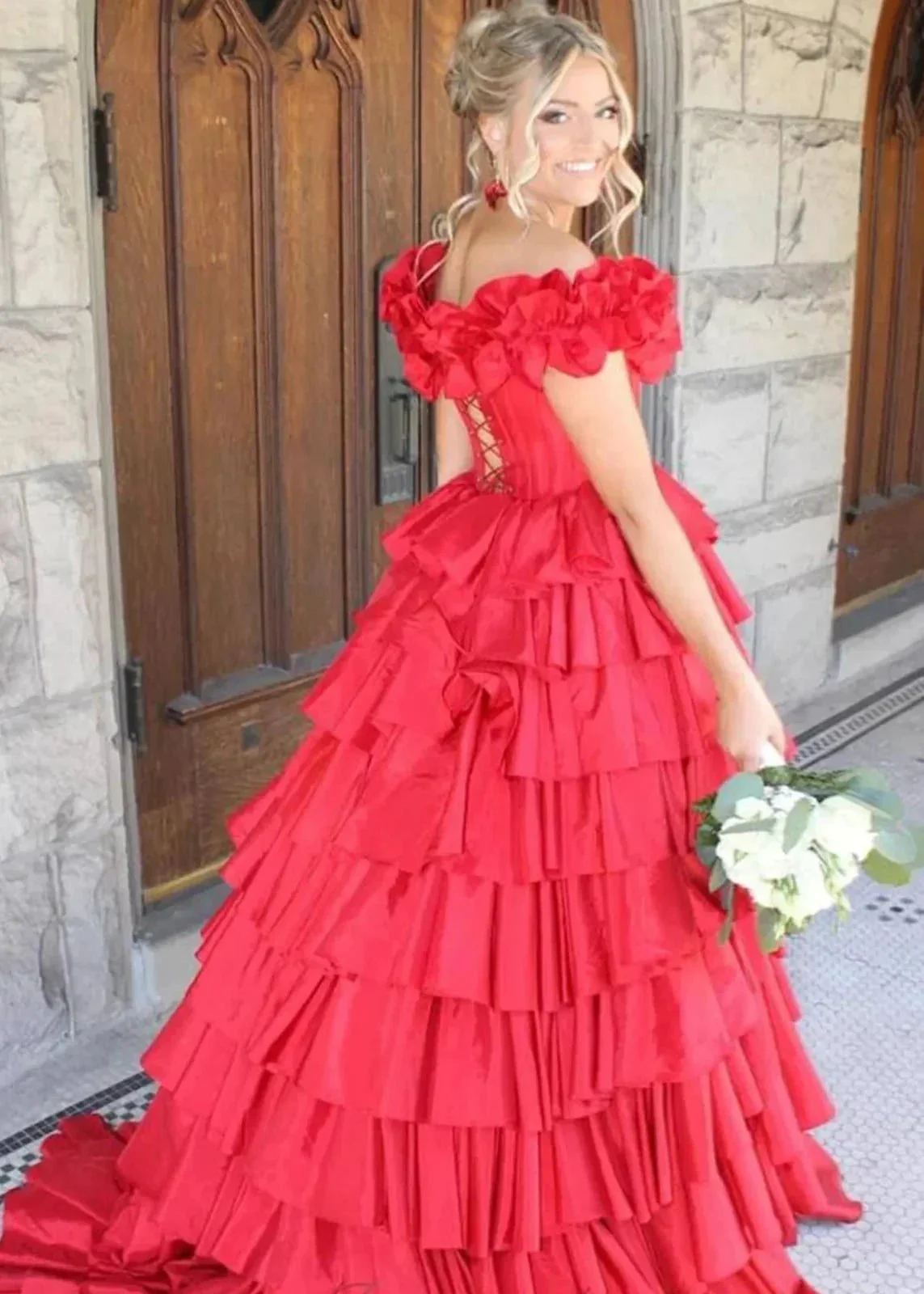 Madelynn | Off-Shoulder Ruched A-Line Layered Satin Prom Dress with Slit - Image 13