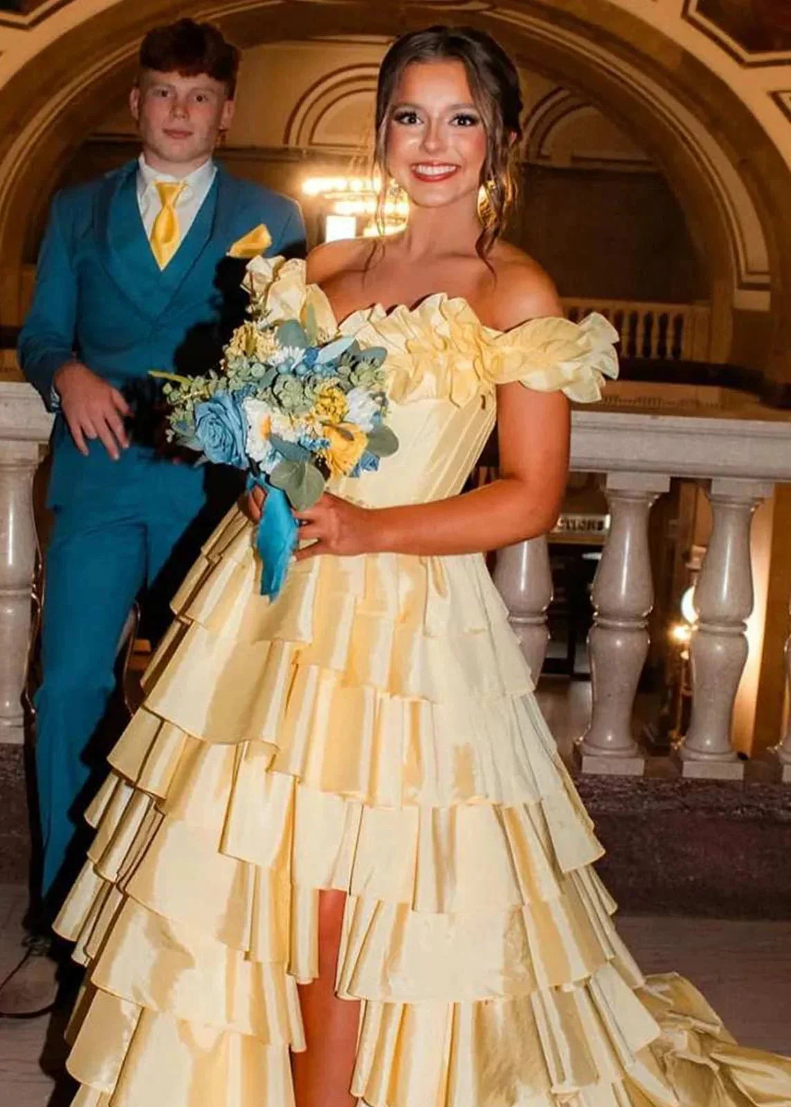 Madelynn | Off-Shoulder Ruched A-Line Layered Satin Prom Dress with Slit - Image 3