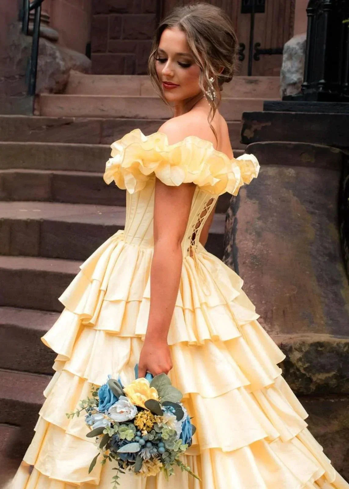 Madelynn | Off-Shoulder Ruched A-Line Layered Satin Prom Dress with Slit - Image 4