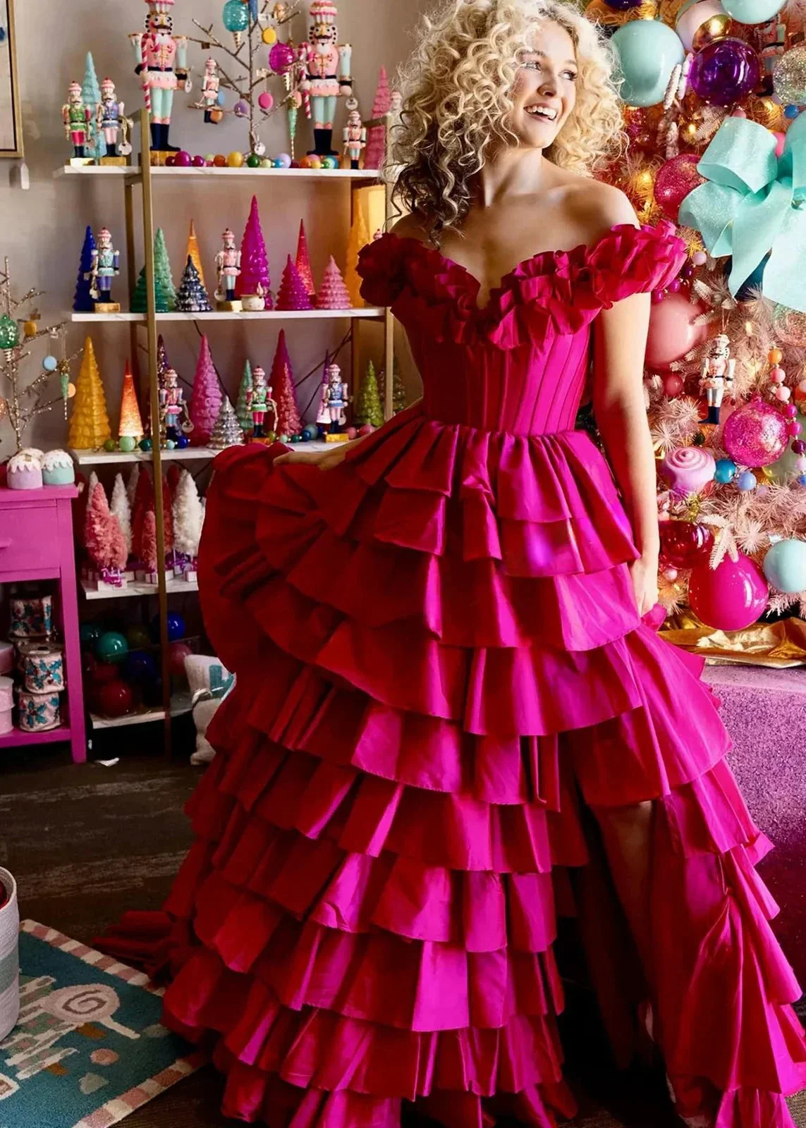 Madelynn | Off-Shoulder Ruched A-Line Layered Satin Prom Dress with Slit - Image 7