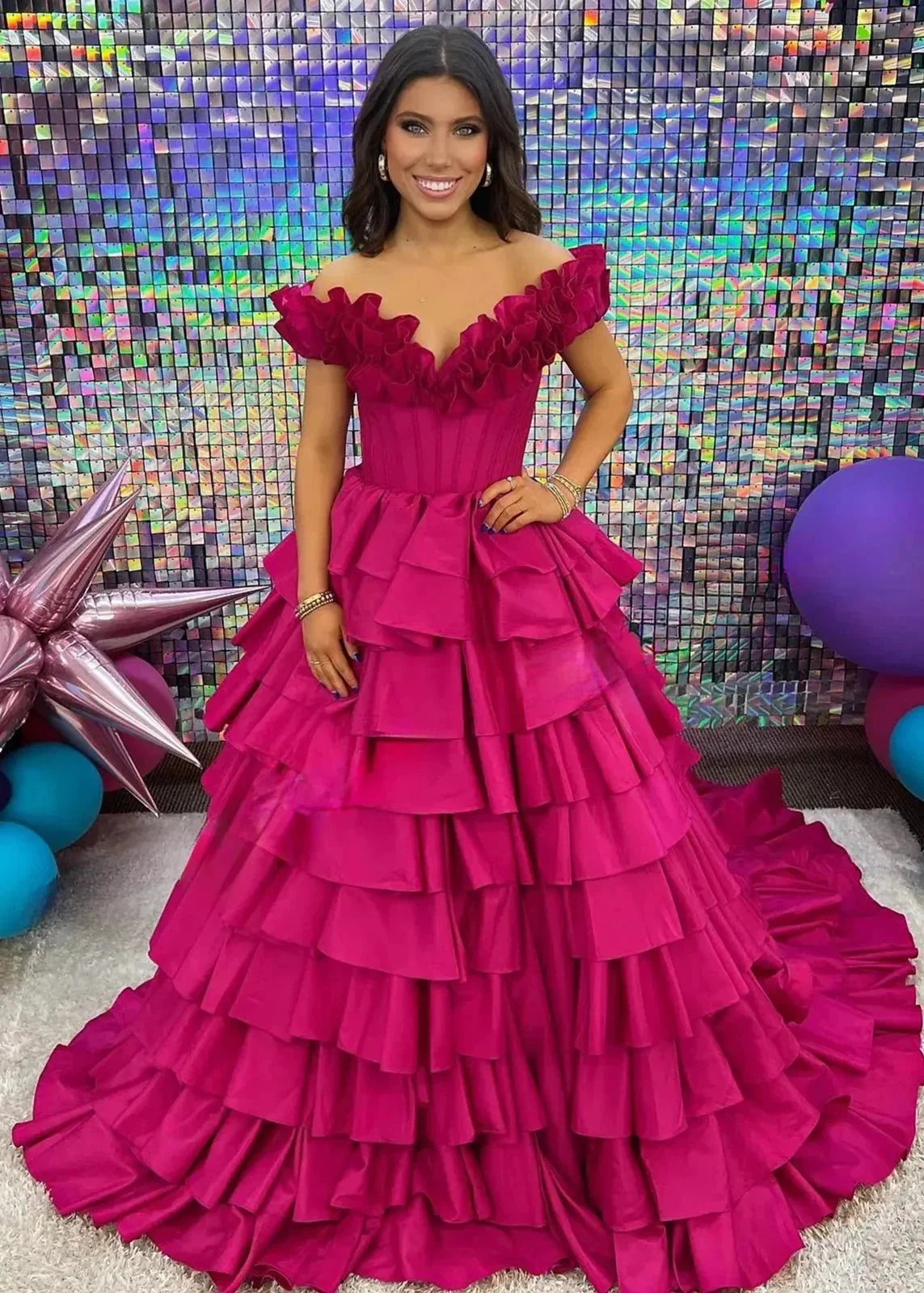 Madelynn | Off-Shoulder Ruched A-Line Layered Satin Prom Dress with Slit - Image 8