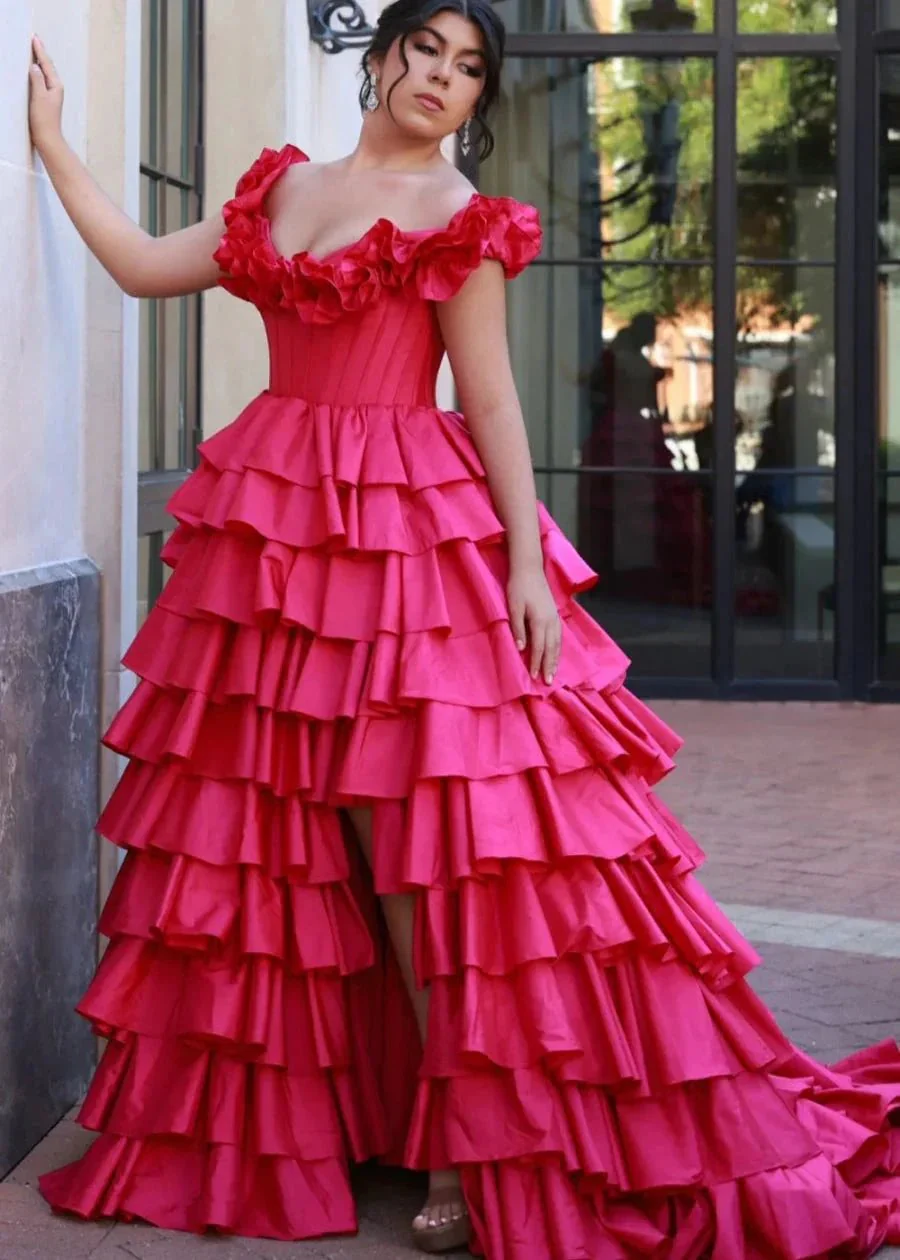 Madelynn | Off-Shoulder Ruched A-Line Layered Satin Prom Dress with Slit - Image 9