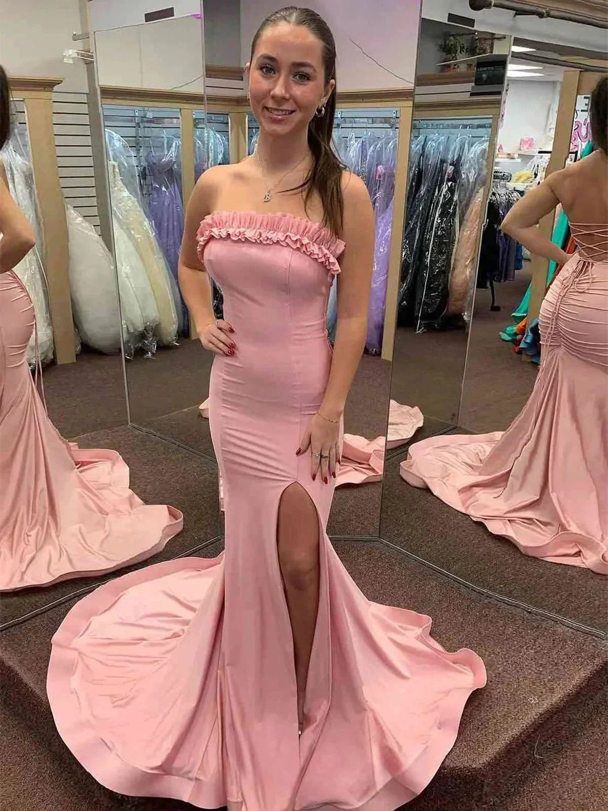 Madona | Mermaid Ruffles Strapless Mermaid Long Prom Dresses with Slit - Image 5
