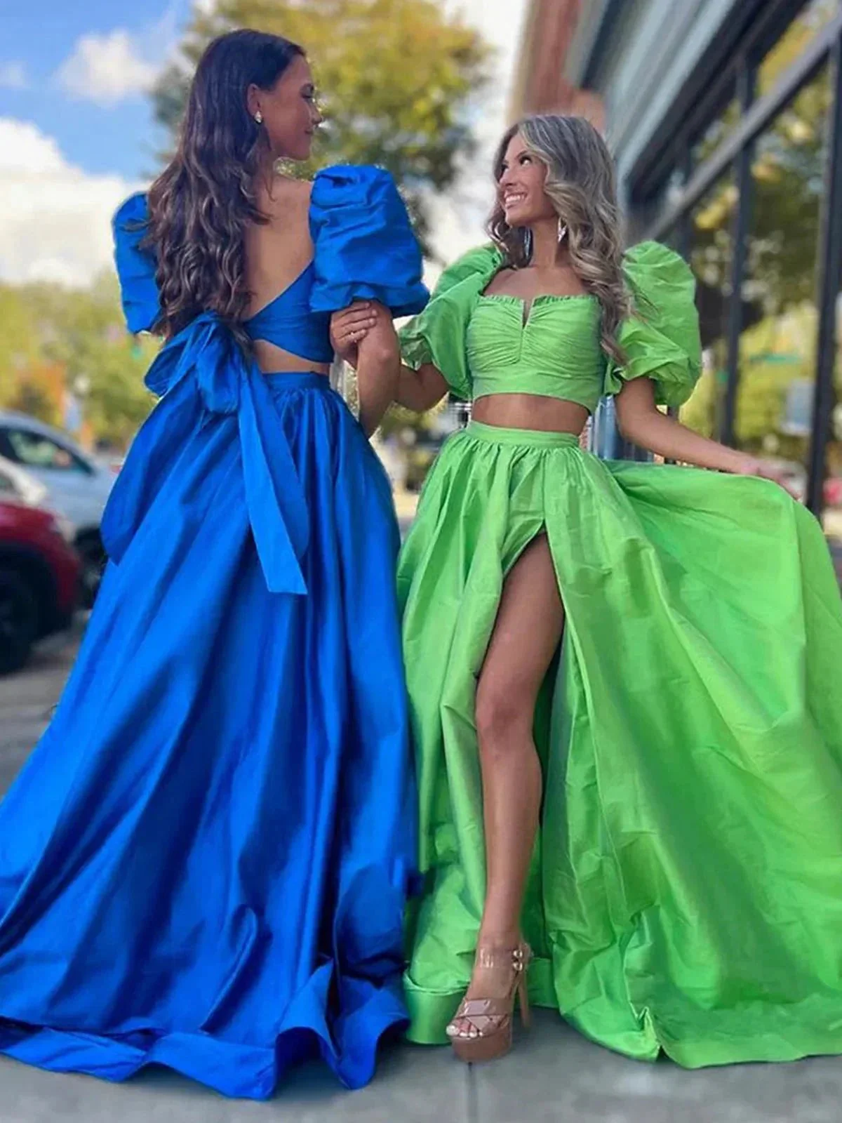 Makai | Green Two-Piece Puff Sleeves Satin Long Prom Dress With Split - Image 5