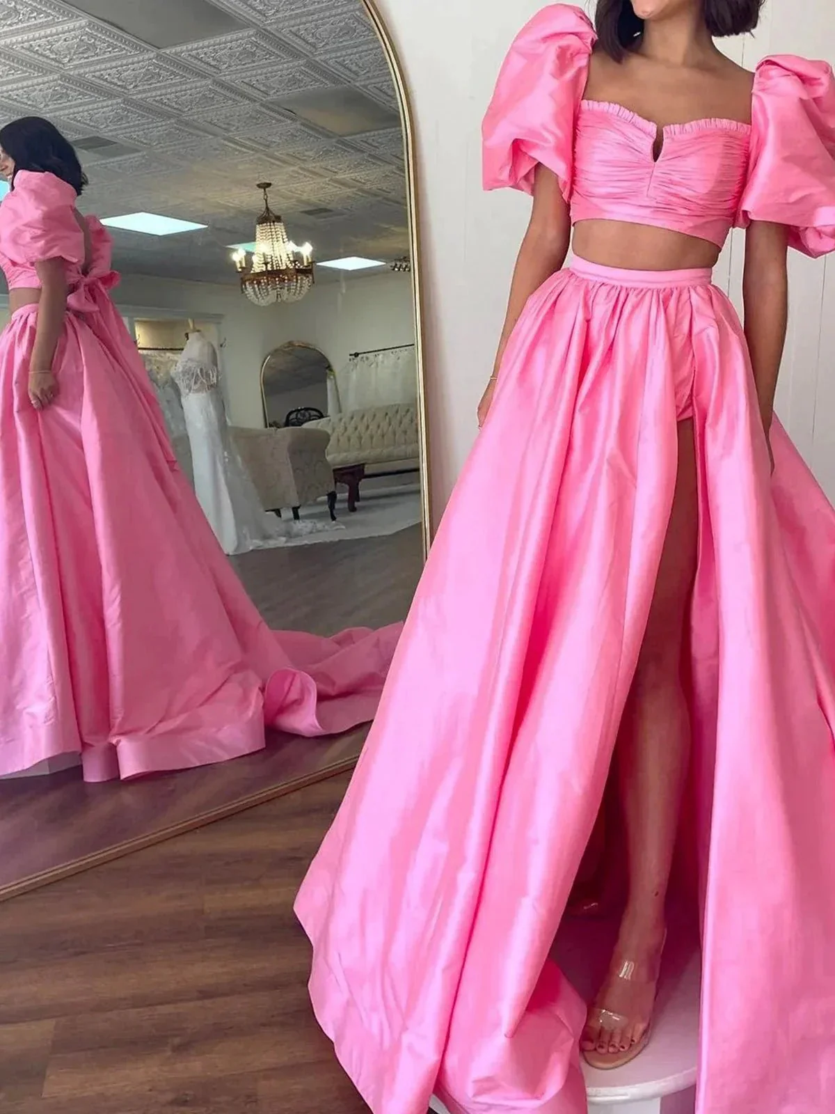 Makai | Green Two-Piece Puff Sleeves Satin Long Prom Dress With Split - Image 8