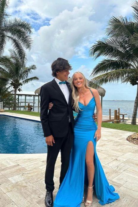 Mako | Cute Mermaid V Neck Blue Satin Slit Prom Dress - Image 2