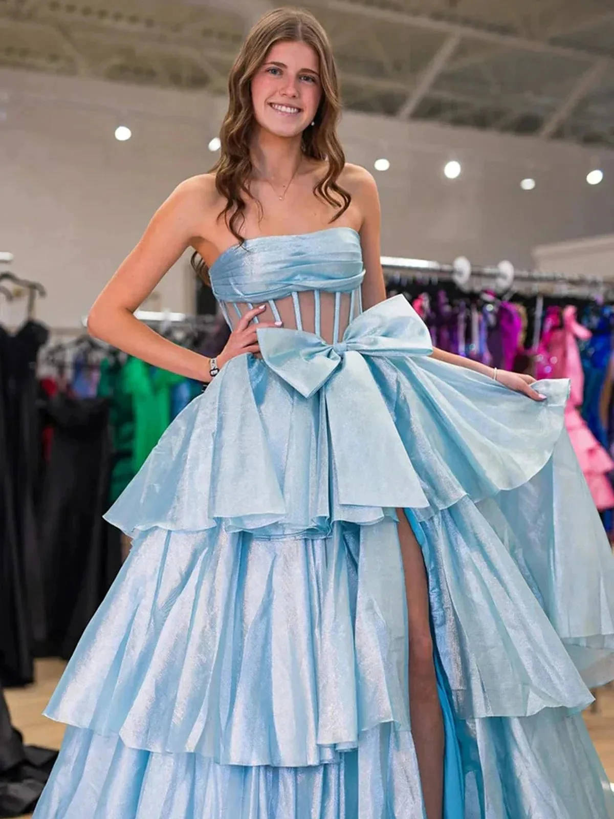 Malvis | Ball Gown Strapless Organza Long Prom Dresses with Bow - Image 10