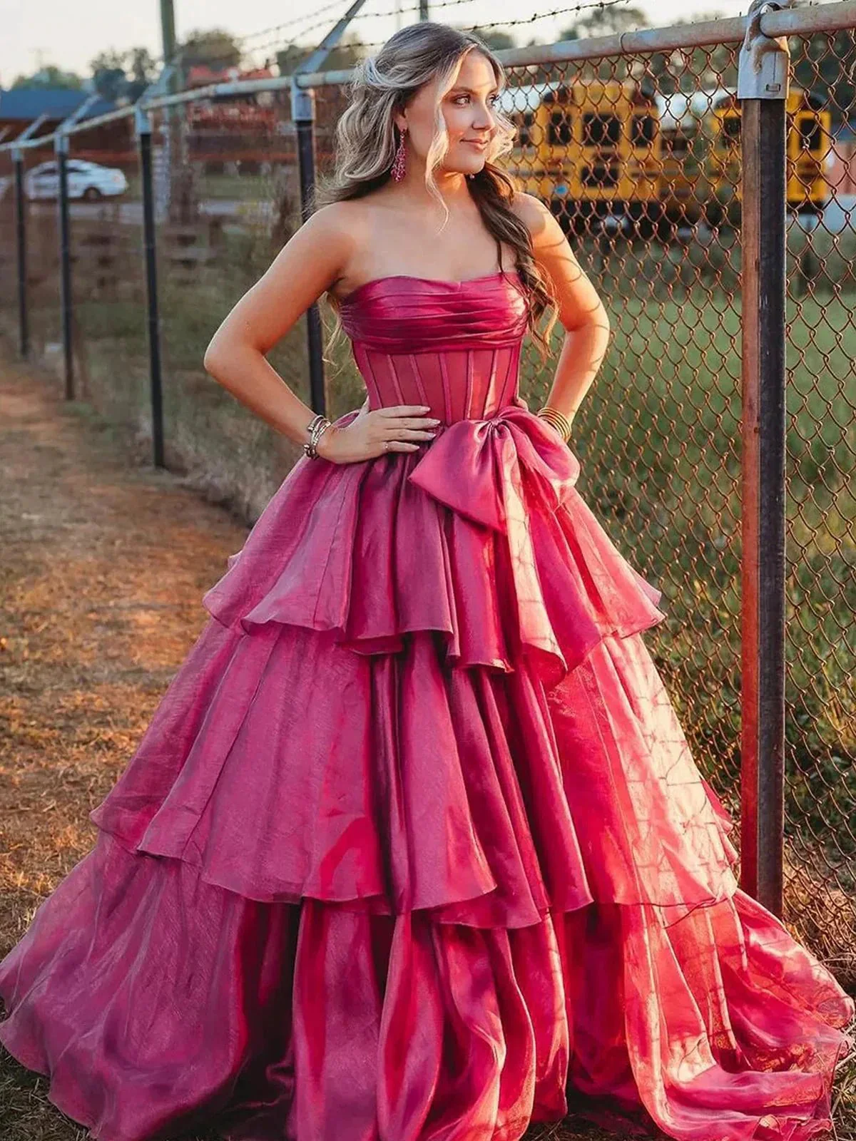 Malvis | Ball Gown Strapless Organza Long Prom Dresses with Bow - Image 2