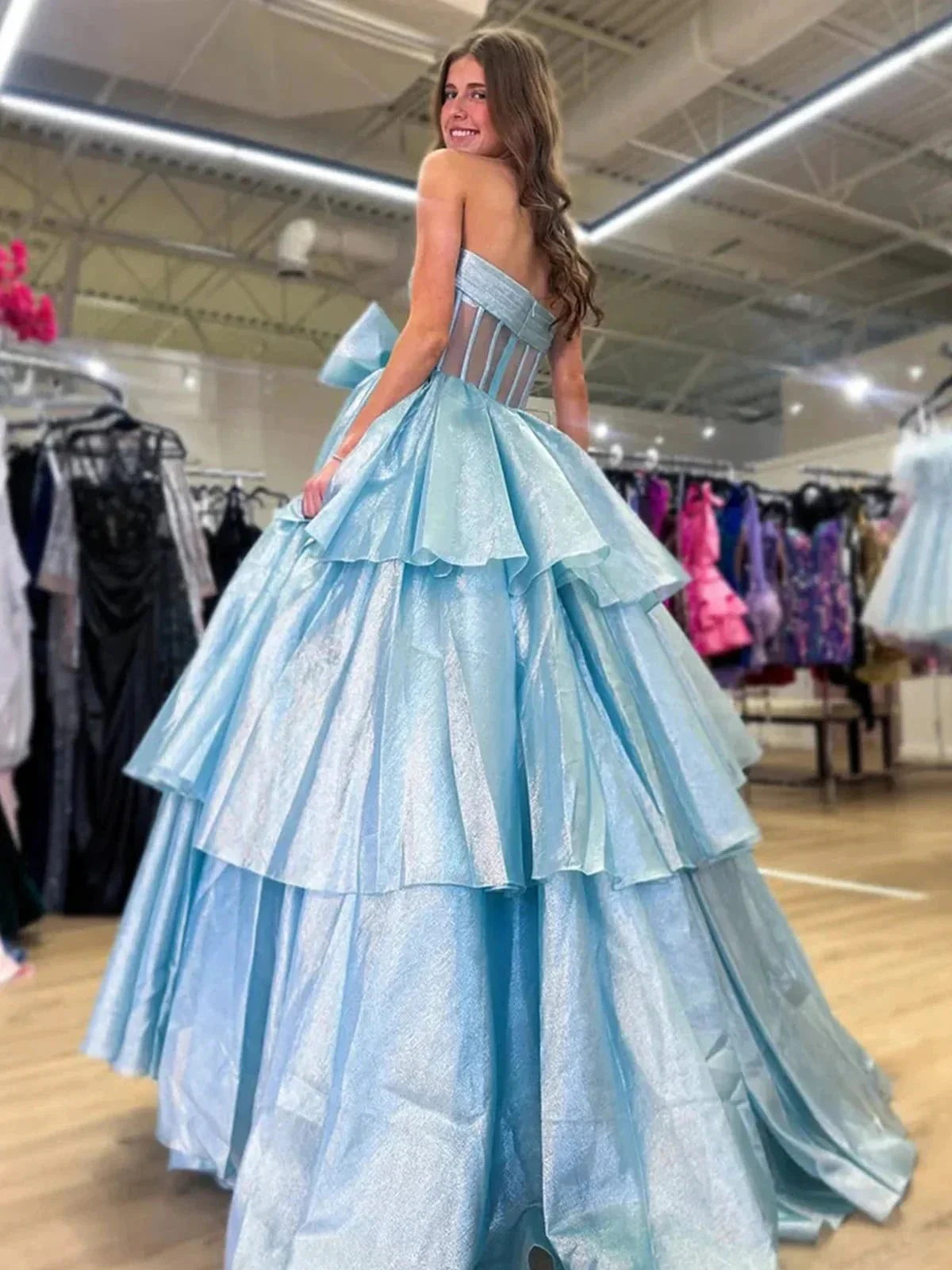 Malvis | Ball Gown Strapless Organza Long Prom Dresses with Bow - Image 3