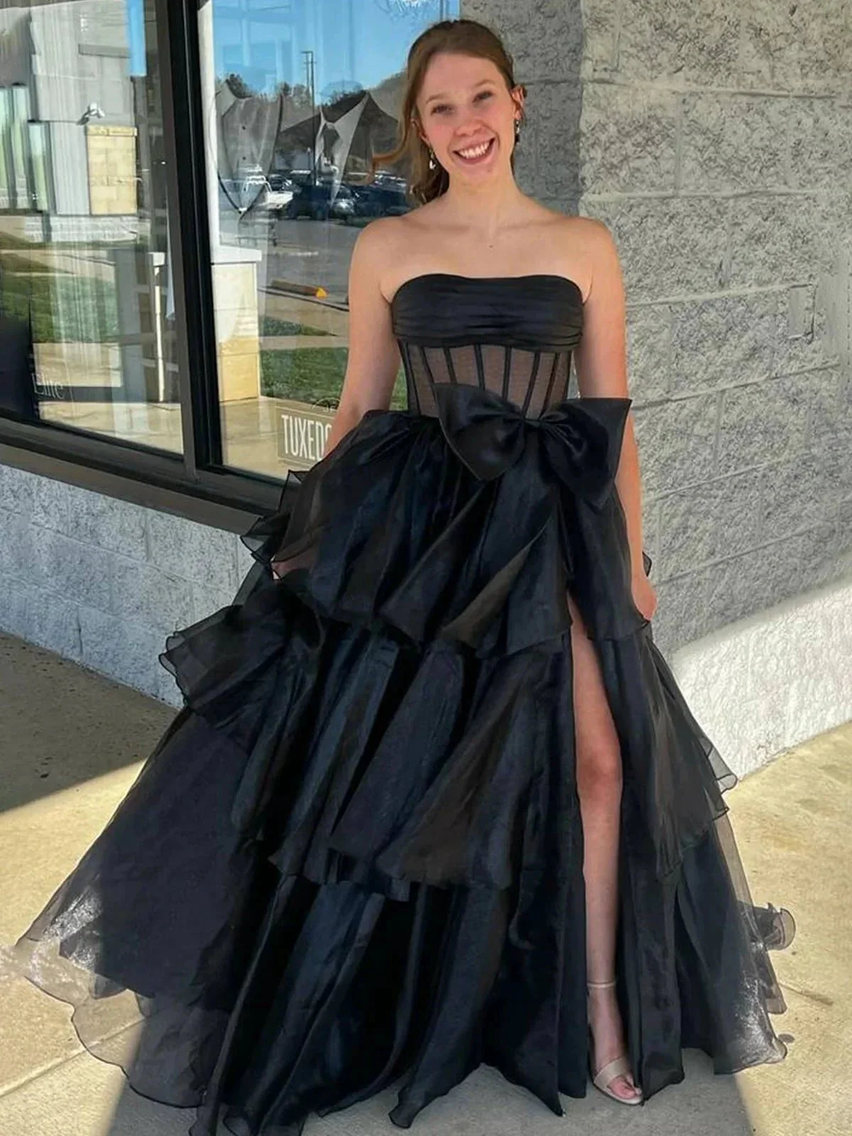 Malvis | Ball Gown Strapless Organza Long Prom Dresses with Bow - Image 8