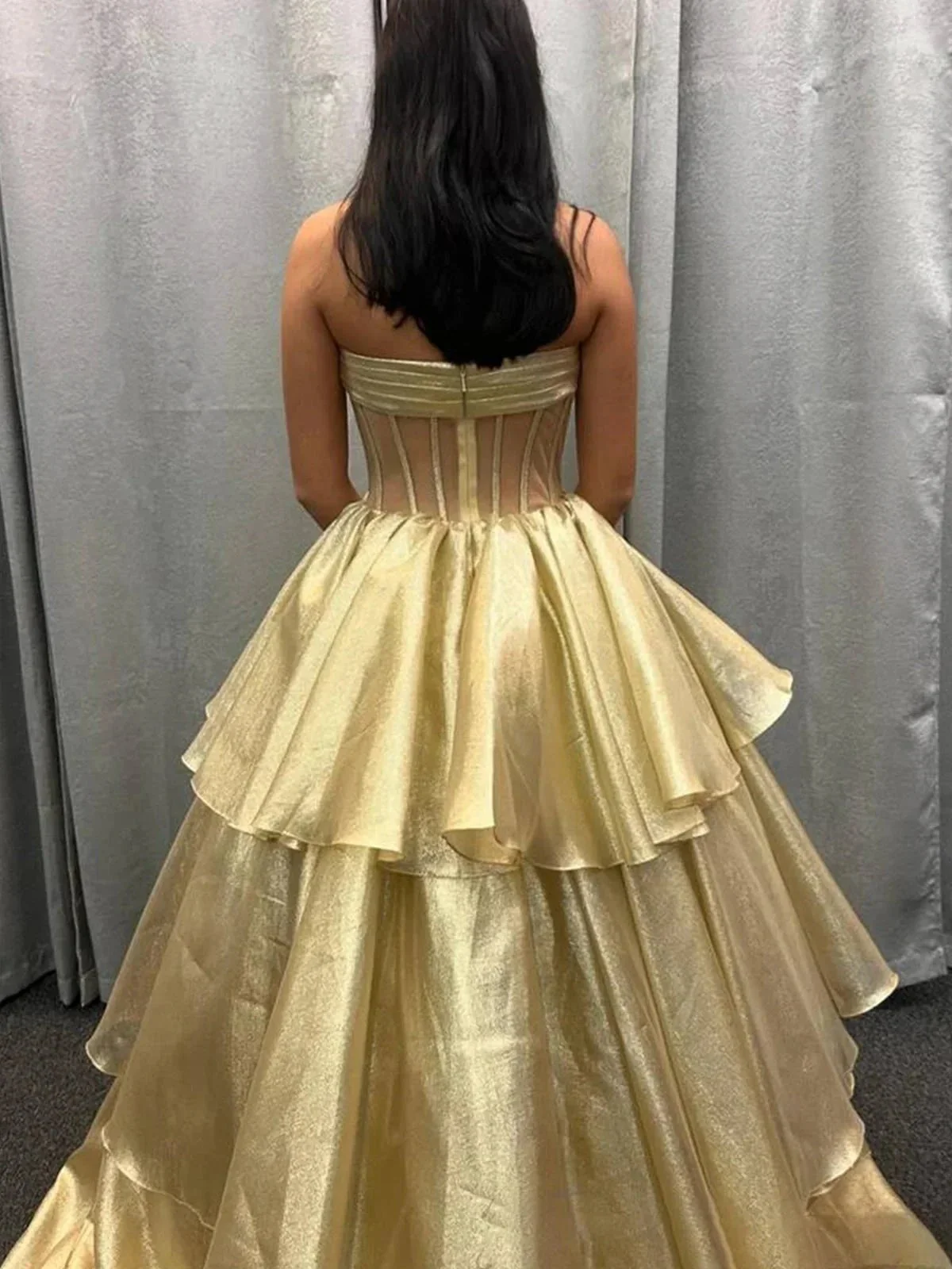 Malvis | Ball Gown Strapless Organza Long Prom Dresses with Bow - Image 9