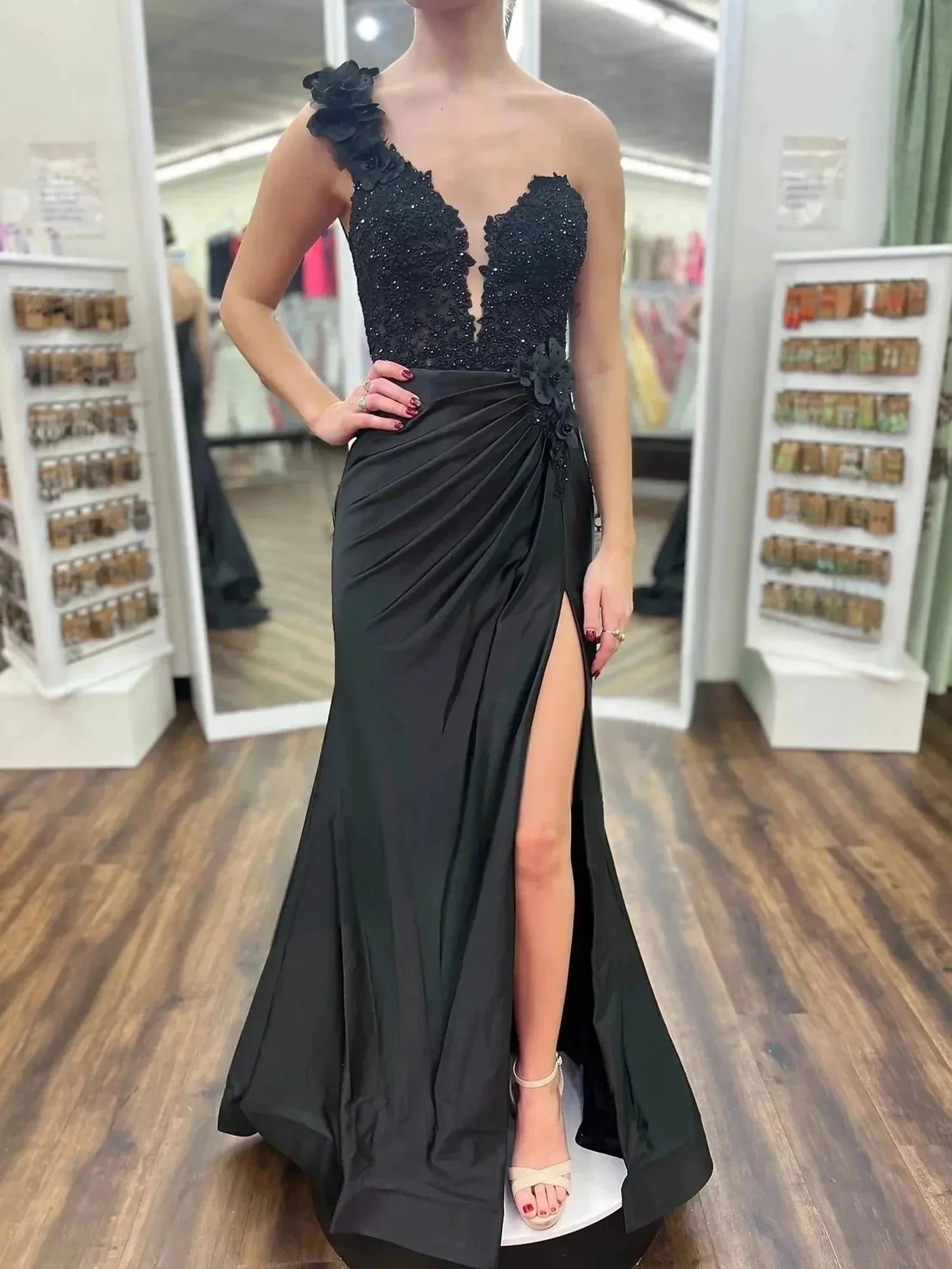 Mandel|Red One-Shoulder 3D Floral Lace Pleated Long Gown with Slit - Image 10