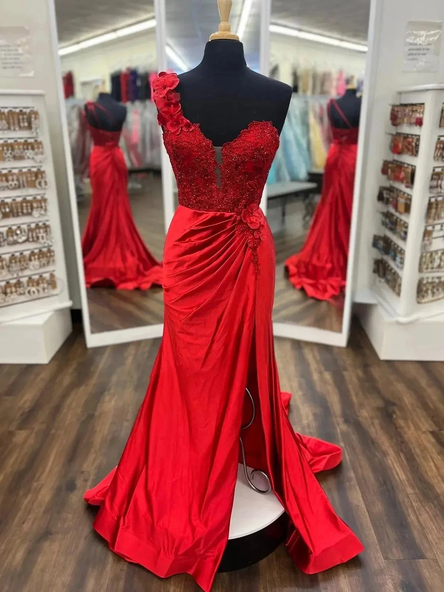 Mandel|Red One-Shoulder 3D Floral Lace Pleated Long Gown with Slit - Image 2