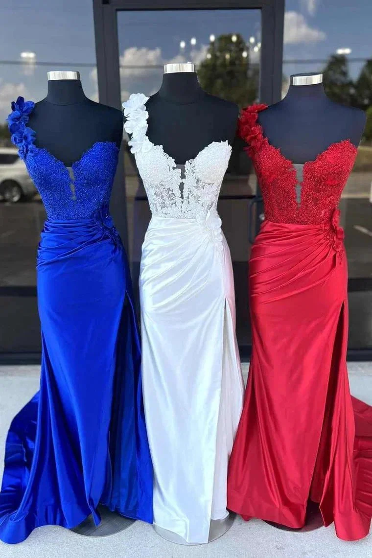 Mandel|Red One-Shoulder 3D Floral Lace Pleated Long Gown with Slit - Image 4