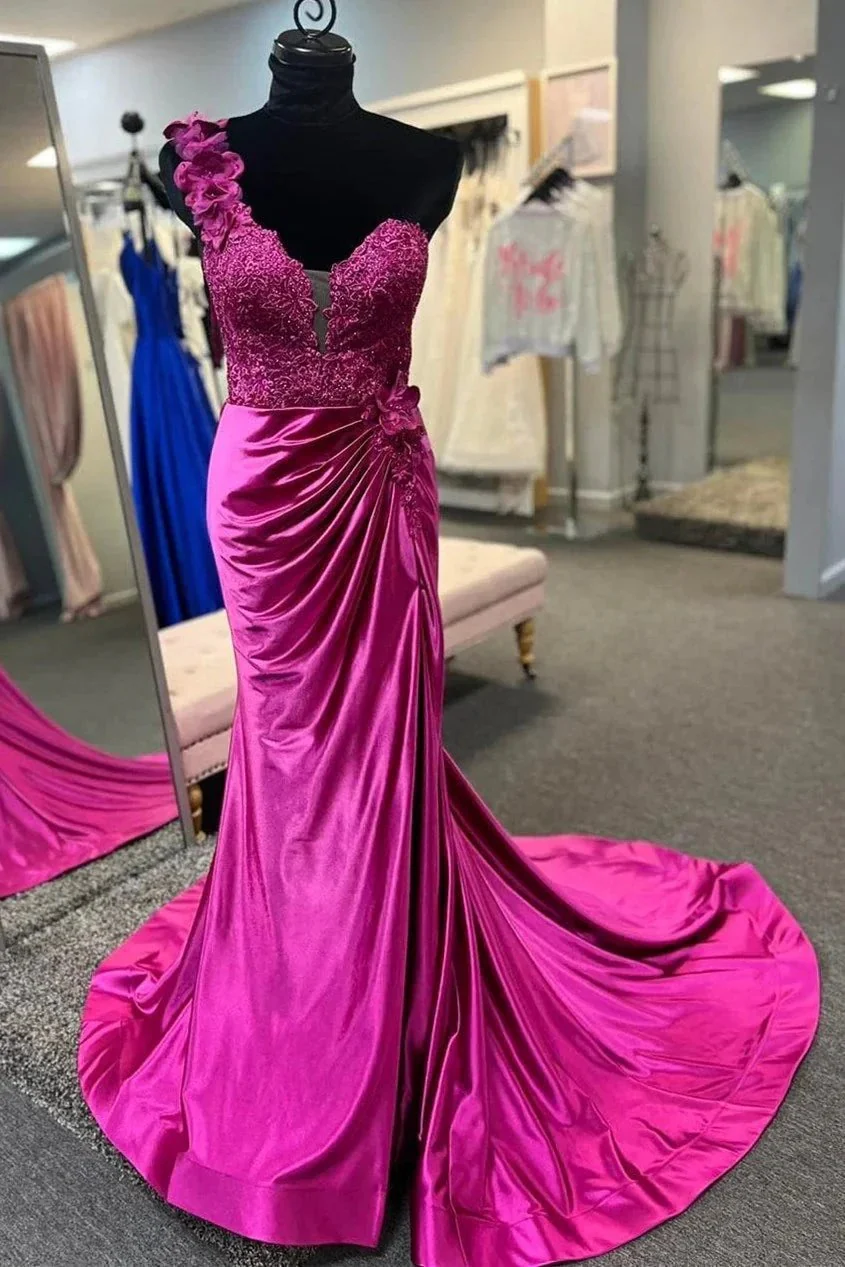 Mandel|Red One-Shoulder 3D Floral Lace Pleated Long Gown with Slit - Image 8