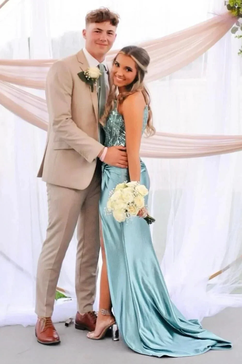 Marcia | Blue Spaghetti Straps Satin Mermaid Long Prom Dress With Beading - Image 2