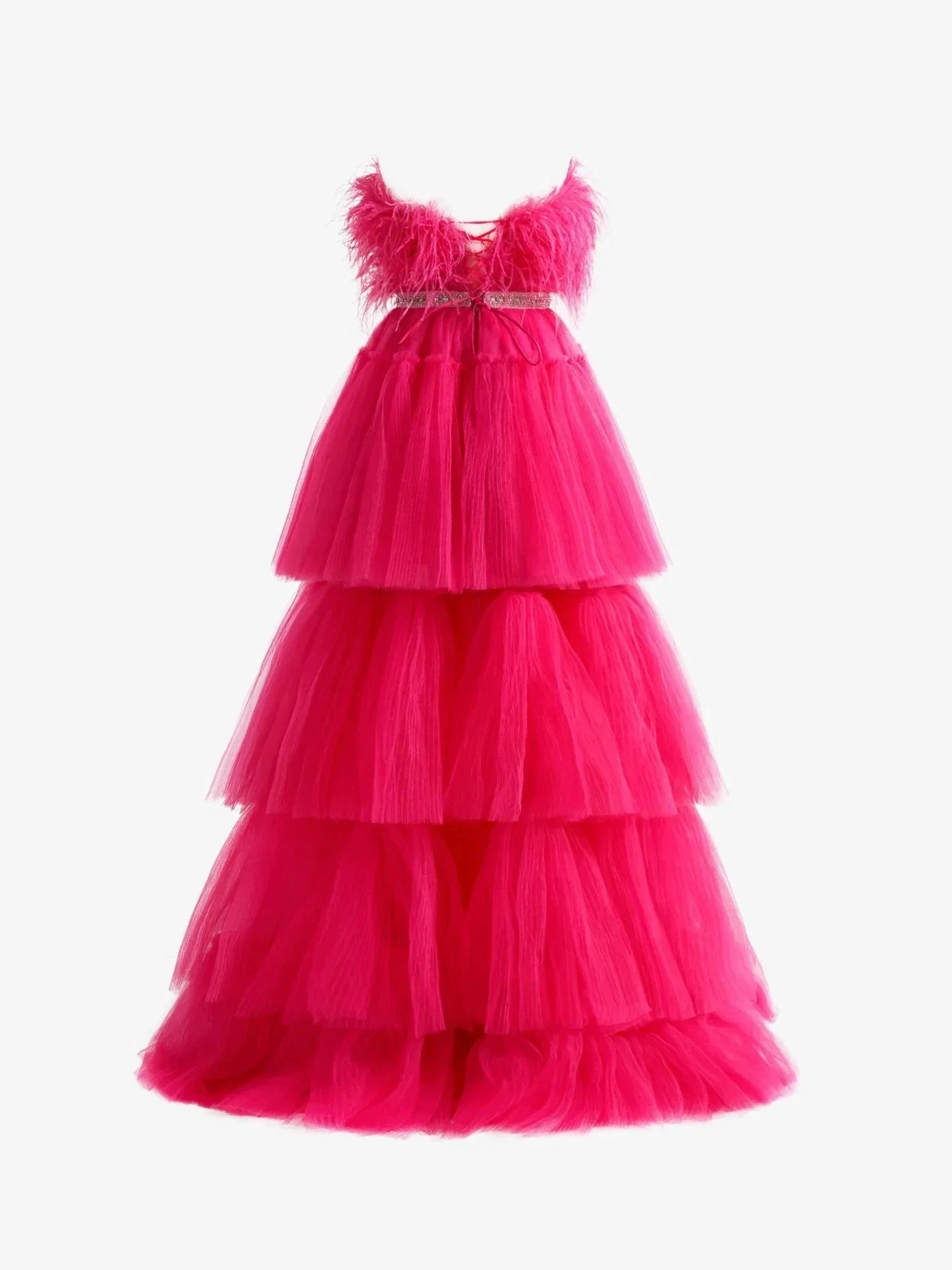 Marie| Fuchsia A-line High-Low Strapless Ruffled Tulle Prom Dress with Feathers - Image 2