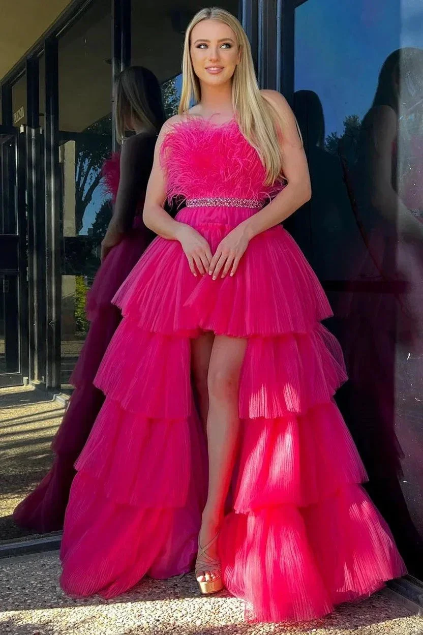 Marie| Fuchsia A-line High-Low Strapless Ruffled Tulle Prom Dress with Feathers - Image 3