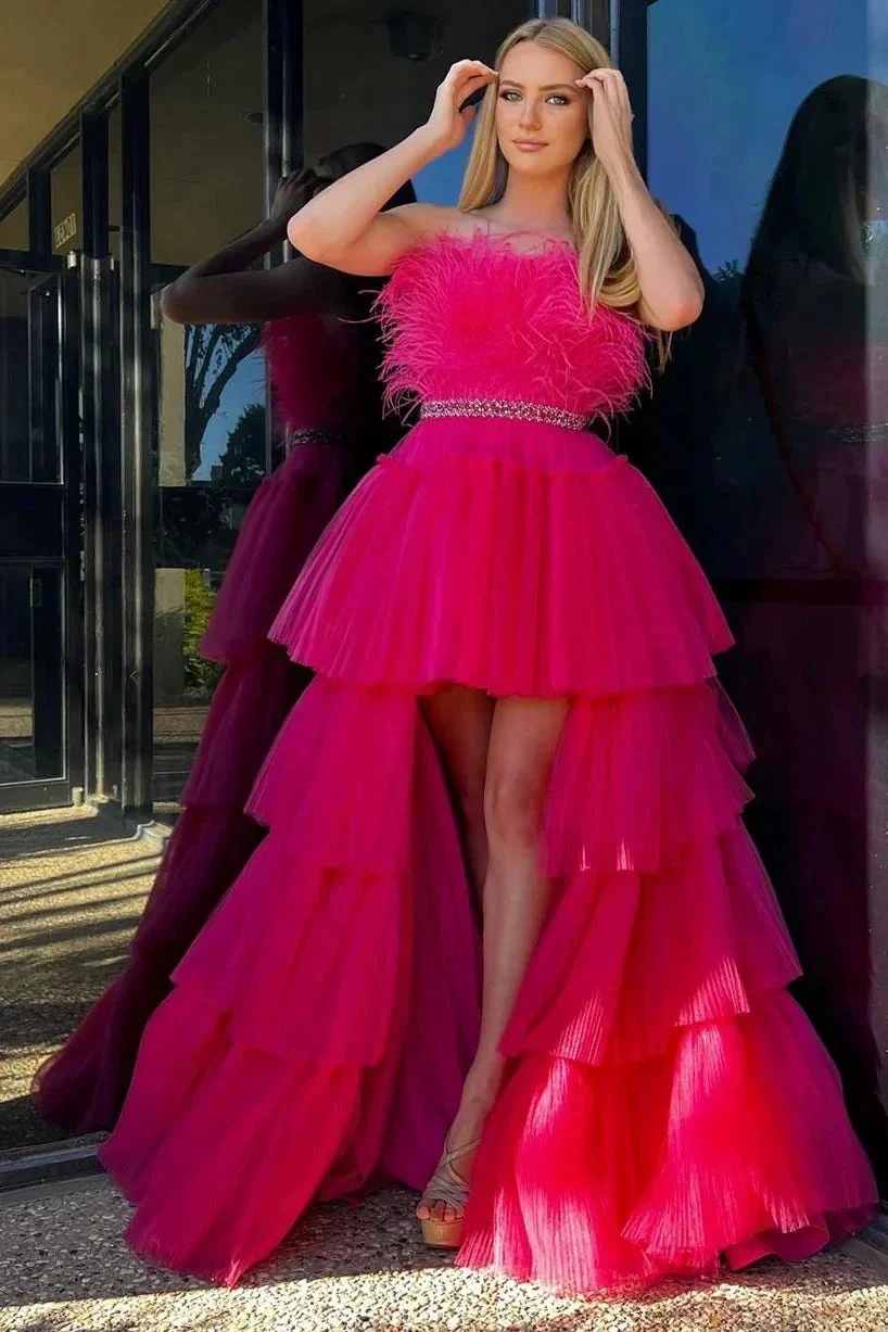 Marie| Fuchsia A-line High-Low Strapless Ruffled Tulle Prom Dress with Feathers - Image 4
