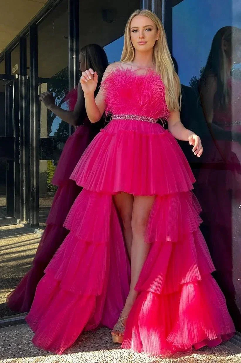 Marie| Fuchsia A-line High-Low Strapless Ruffled Tulle Prom Dress with Feathers - Image 5