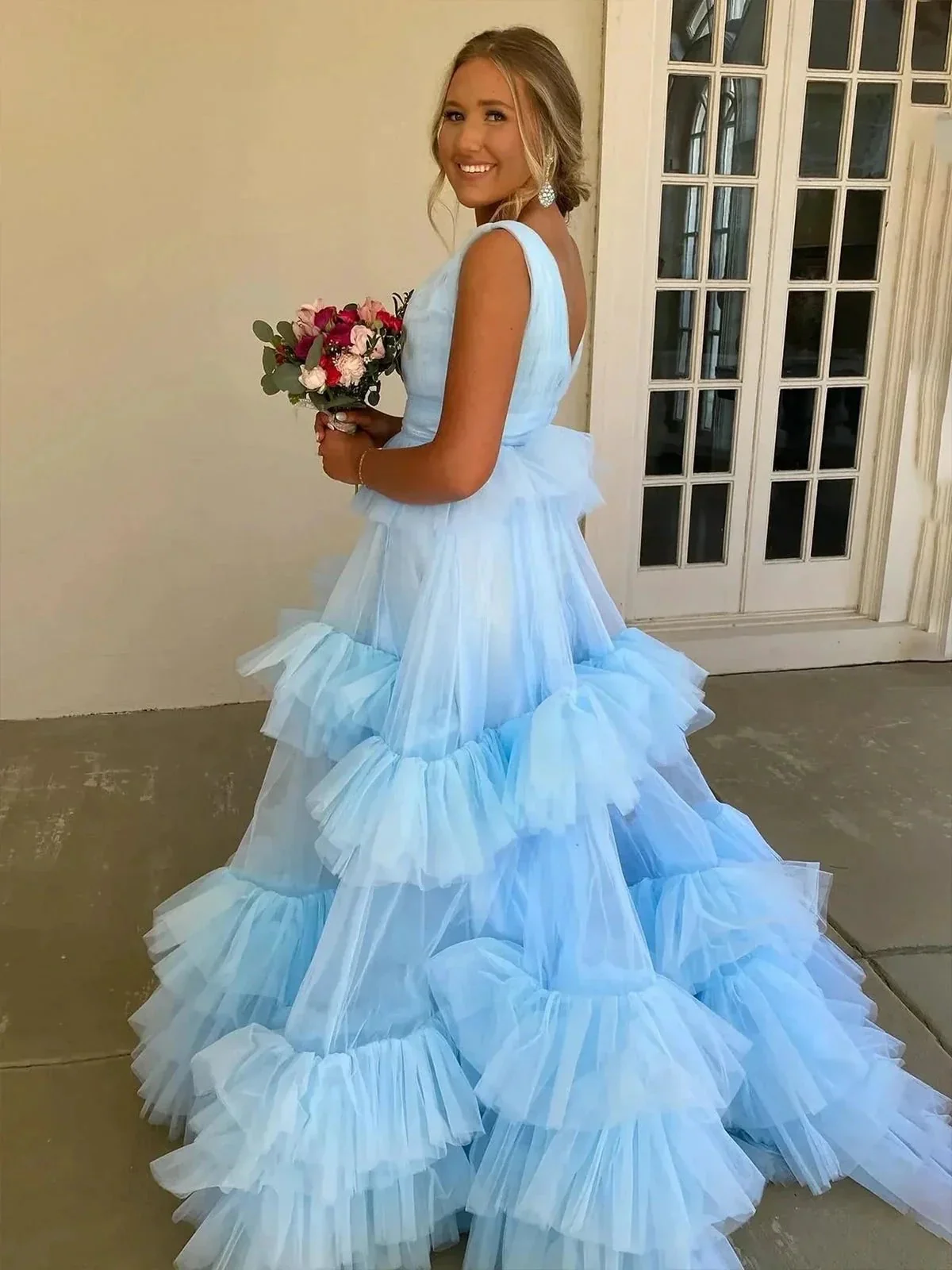 Marin | Sky Blue V Neck Ruffles A-line Tulle Prom Dress - Image 2