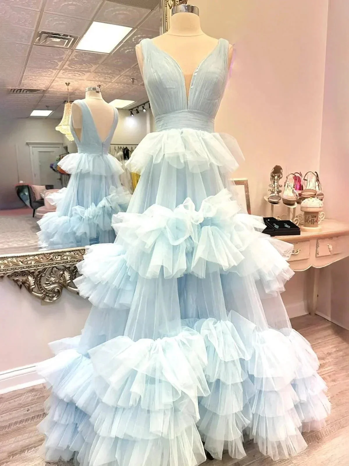 Marin | Sky Blue V Neck Ruffles A-line Tulle Prom Dress - Image 3