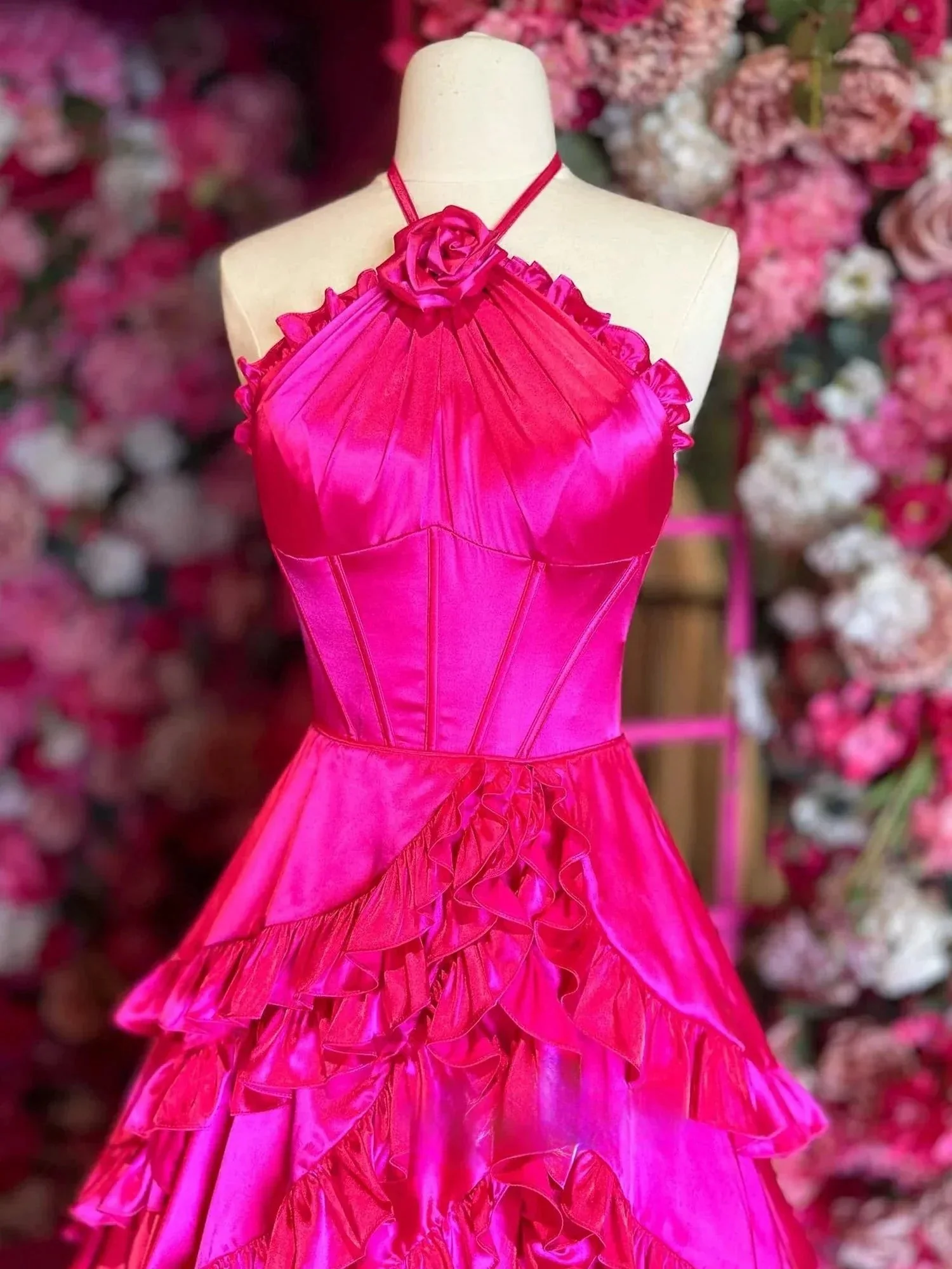 Markel |  Fuchsia Halter Neck Tiered Ruffles Long Prom Dress - Image 2