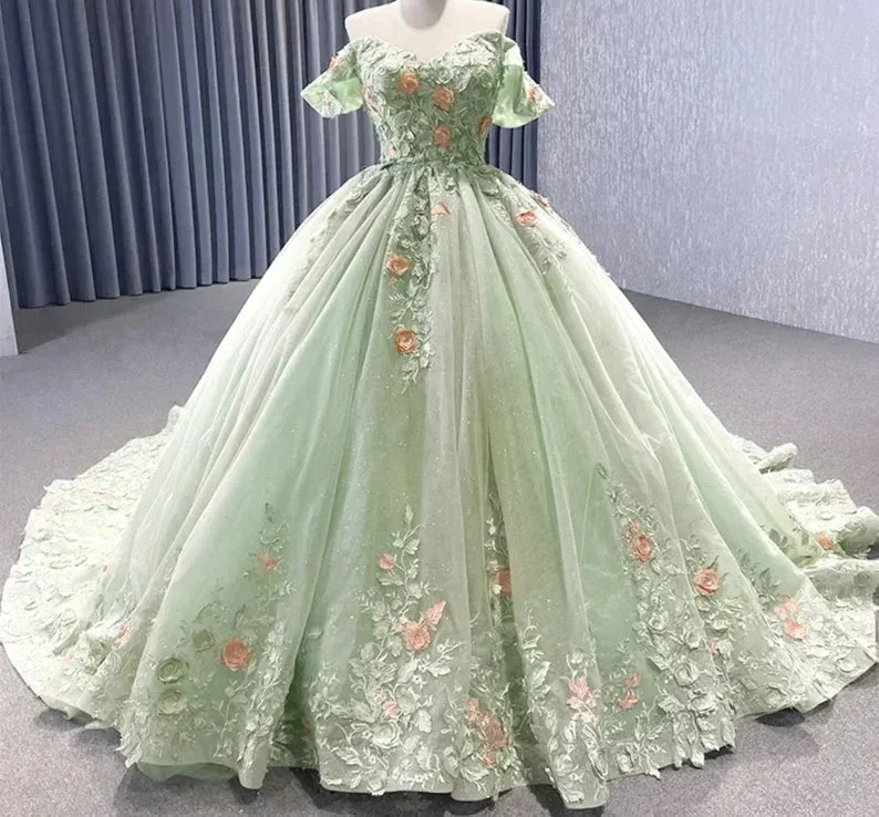 Matcha Green Off The Shoulder Floral AppliquƩs Shimmering Lace Up Back QuinceaƱera Pageant Special Occasion Gala Ball Gown Y2190