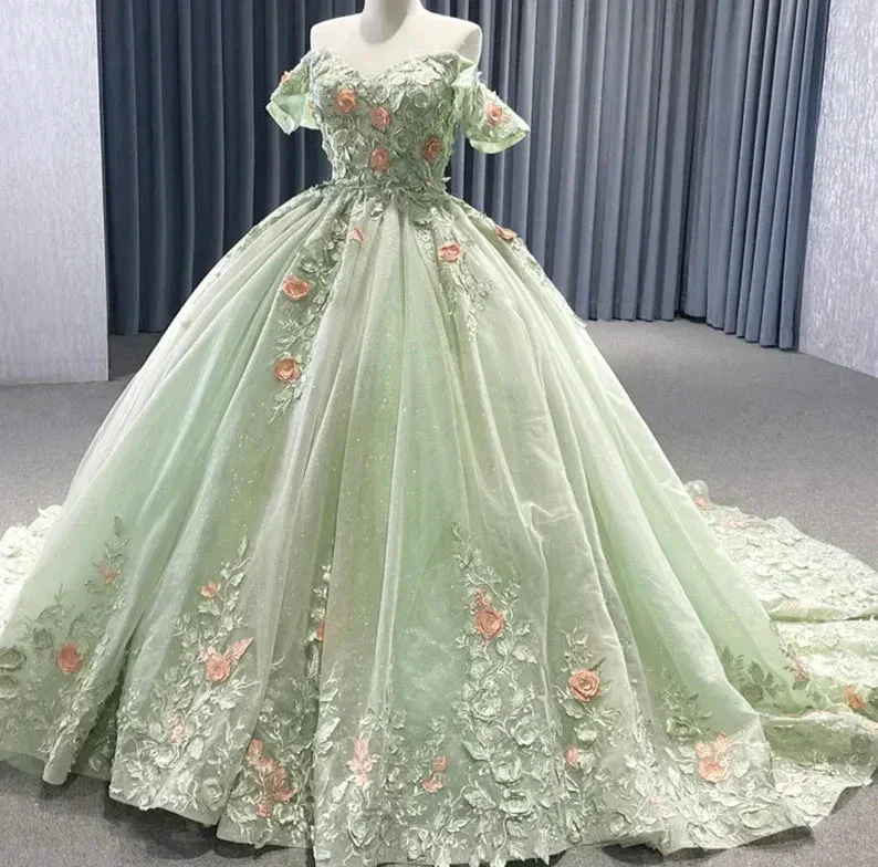 Matcha Green Off The Shoulder Floral AppliquƩs Shimmering Lace Up Back QuinceaƱera Pageant Special Occasion Gala Ball Gown Y2190 - Image 2