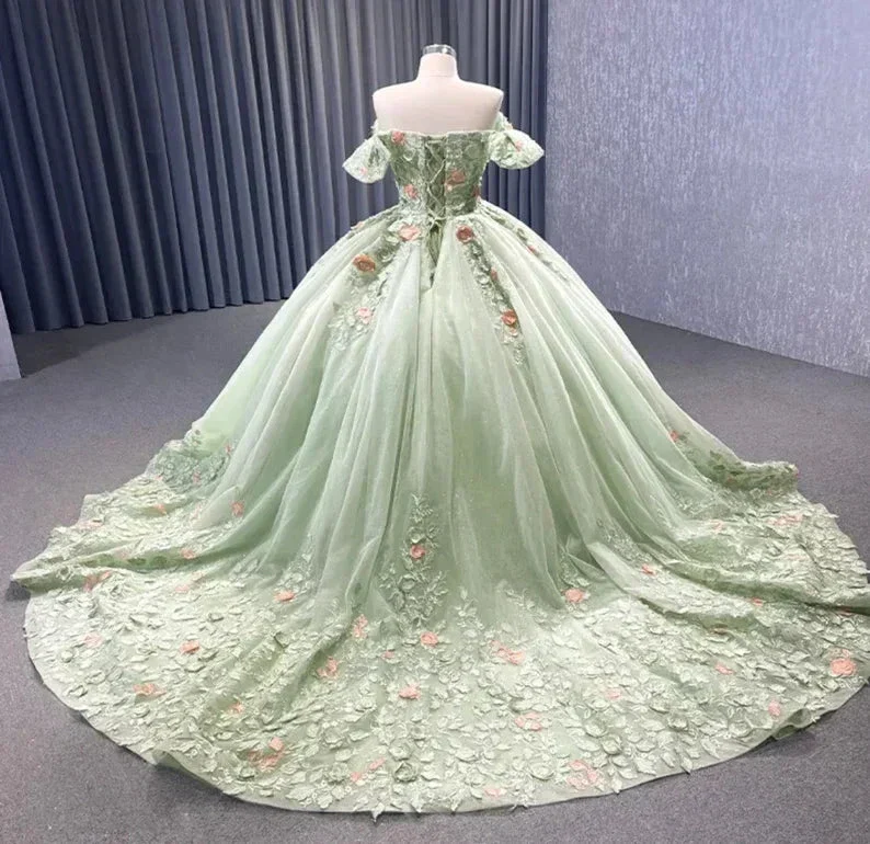 Matcha Green Off The Shoulder Floral AppliquƩs Shimmering Lace Up Back QuinceaƱera Pageant Special Occasion Gala Ball Gown Y2190 - Image 3
