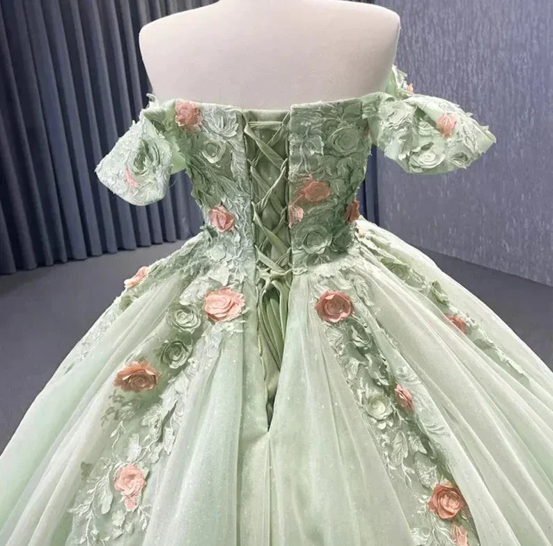 Matcha Green Off The Shoulder Floral AppliquƩs Shimmering Lace Up Back QuinceaƱera Pageant Special Occasion Gala Ball Gown Y2190 - Image 4