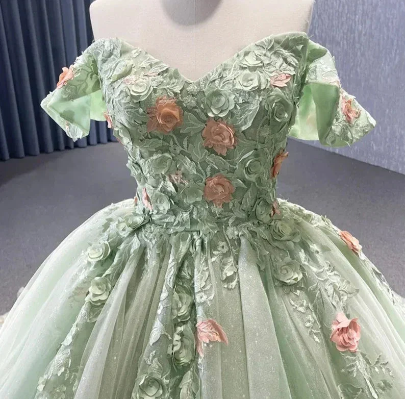 Matcha Green Off The Shoulder Floral AppliquƩs Shimmering Lace Up Back QuinceaƱera Pageant Special Occasion Gala Ball Gown Y2190 - Image 5